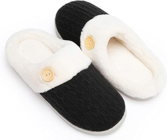 Chantomoo Womens Slipper Warm Comfy Memory Foam House Slippers Knitted Shoes Faux Fur Lined Anti-Skid Rubber Sole Bedroom Cozy Indoor Outdoor Slippers