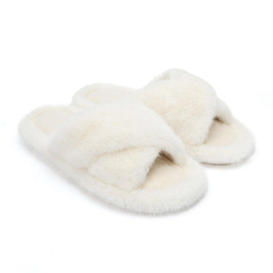 Chantomoo Women's Slippers Cross Band Fuzzy Slippers Memory Foam Slippers for Women Plush Comfy Bedroom Faux Fur Slipper Slides House Shoes Anti-Skid Sole Trendy Gift Slippers