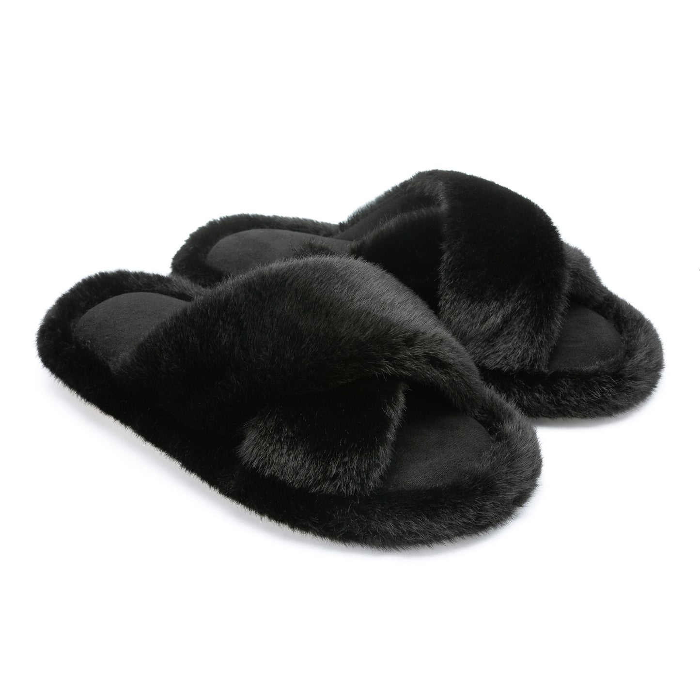 Chantomoo Women's Slippers Cross Band Fuzzy Slippers Memory Foam Slippers for Women Plush Comfy Bedroom Faux Fur Slipper Slides House Shoes Anti-Skid Sole Trendy Gift Slippers