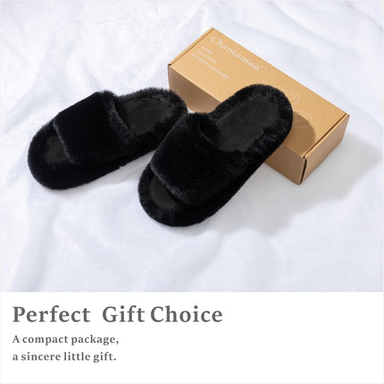 Chantomoo Damtofflor Blå Memory Foam Fuskpälsfodrade Öppna Tå-tofflor för kvinnor - US 12