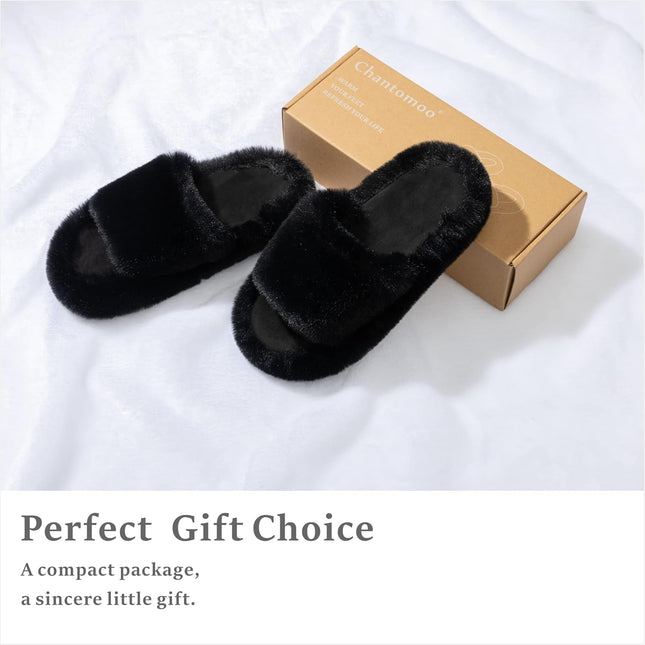 Chantomoo Damtofflor Blå Memory Foam Fuskpälsfodrade Öppna Tå-tofflor för kvinnor - US 12