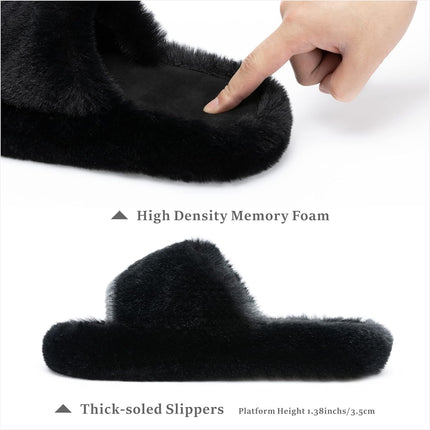 Chantomoo Damtofflor Blå Memory Foam Fuskpälsfodrade Öppna Tå-tofflor för kvinnor - US 12