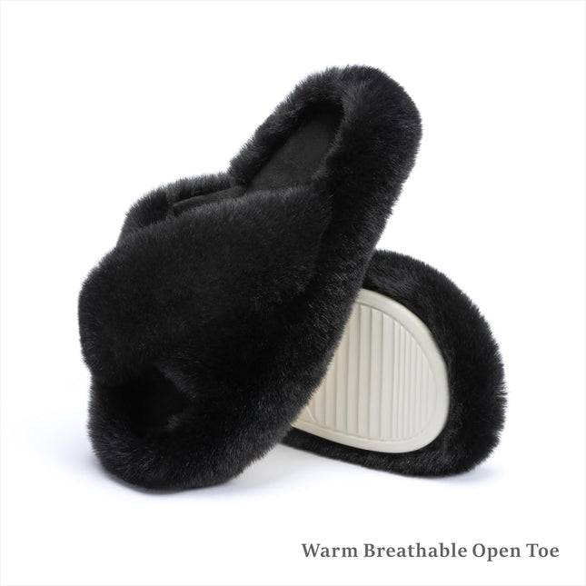 Chantomoo Damtofflor Blå Memory Foam Fuskpälsfodrade Öppna Tå-tofflor för kvinnor - US 12