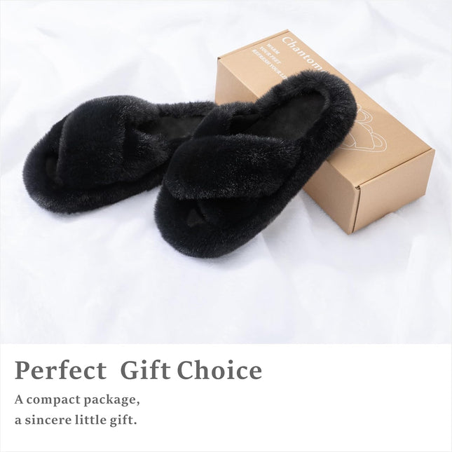 Chantomoo Damtofflor Blå Memory Foam Fuskpälsfodrade Öppna Tå-tofflor för kvinnor - US 12