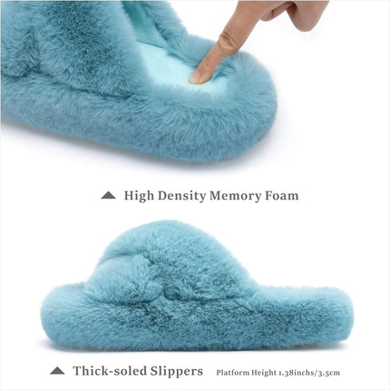 Chantomoo Damtofflor Blå Memory Foam Fuskpälsfodrade Öppna Tå-tofflor för kvinnor - US 12