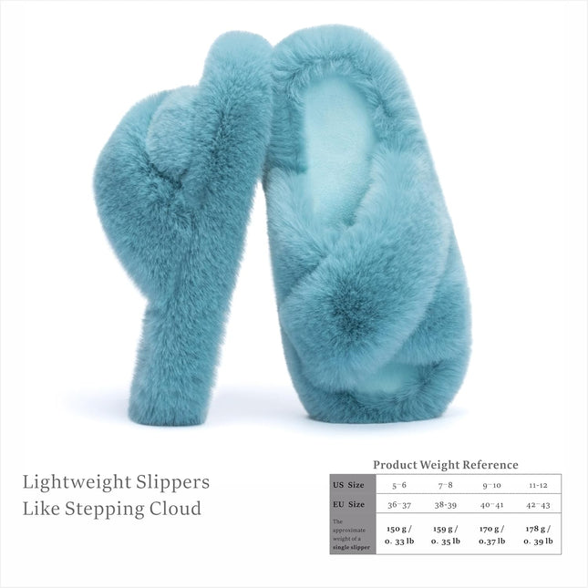 Chantomoo Damtofflor Blå Memory Foam Fuskpälsfodrade Öppna Tå-tofflor för kvinnor - US 12