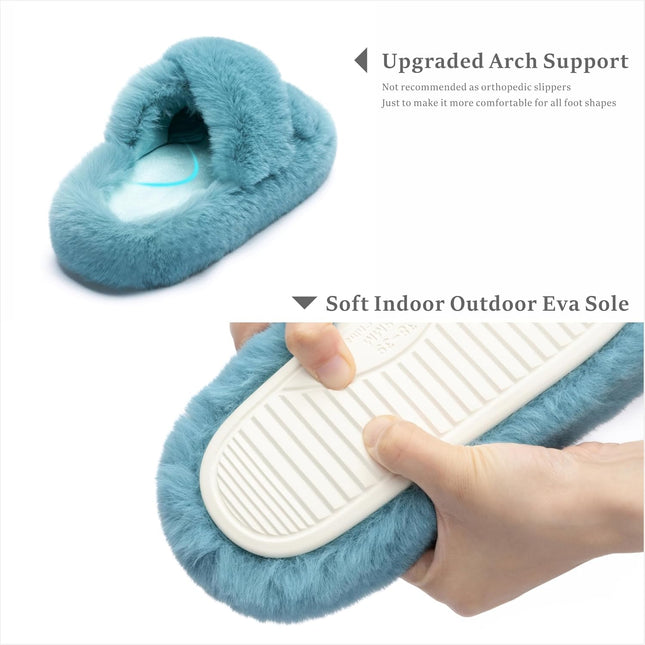 Chantomoo Damtofflor Blå Memory Foam Fuskpälsfodrade Öppna Tå-tofflor för kvinnor - US 12