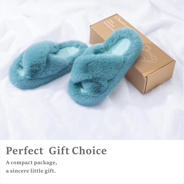 Chantomoo Damtofflor Blå Memory Foam Fuskpälsfodrade Öppna Tå-tofflor för kvinnor - US 12