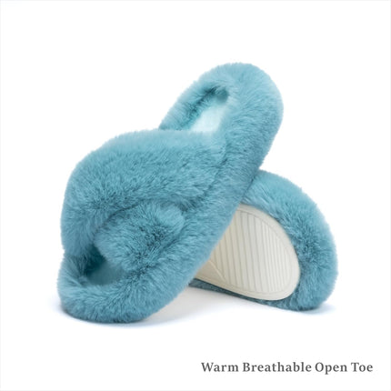 Chantomoo Damtofflor Blå Memory Foam Fuskpälsfodrade Öppna Tå-tofflor för kvinnor - US 12