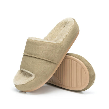 Haven-zandkleurige pantoffels met open teen en plateauzool