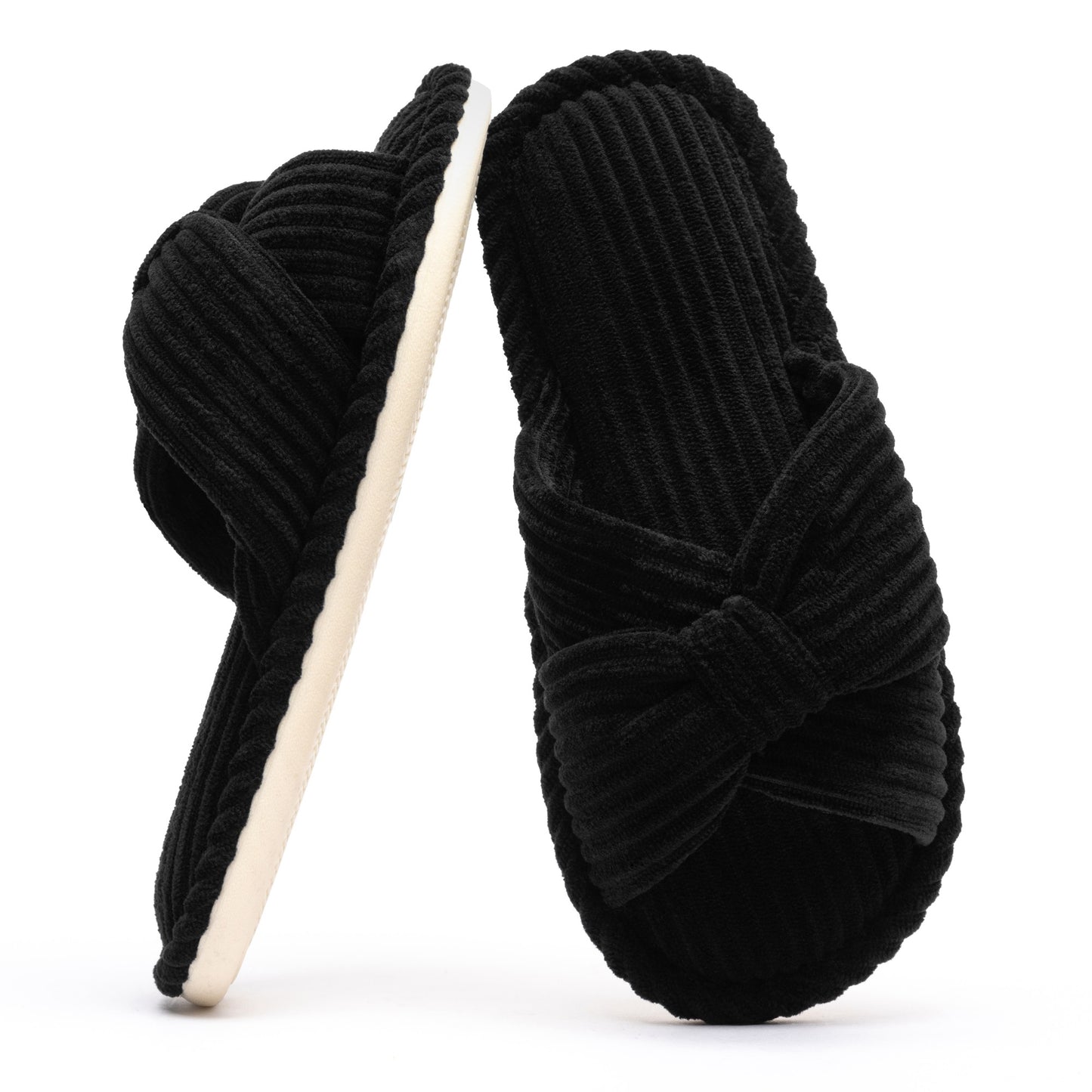 Chantomoo Slippers for Women Memory Foam House Womens Slipper Slides Home Bedroom Bathroom Spa Open Toe Corduroy Bow Slippers Cozy Comfortable