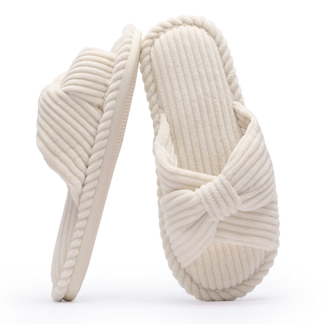 White Corduroy Bow Tie Slippers