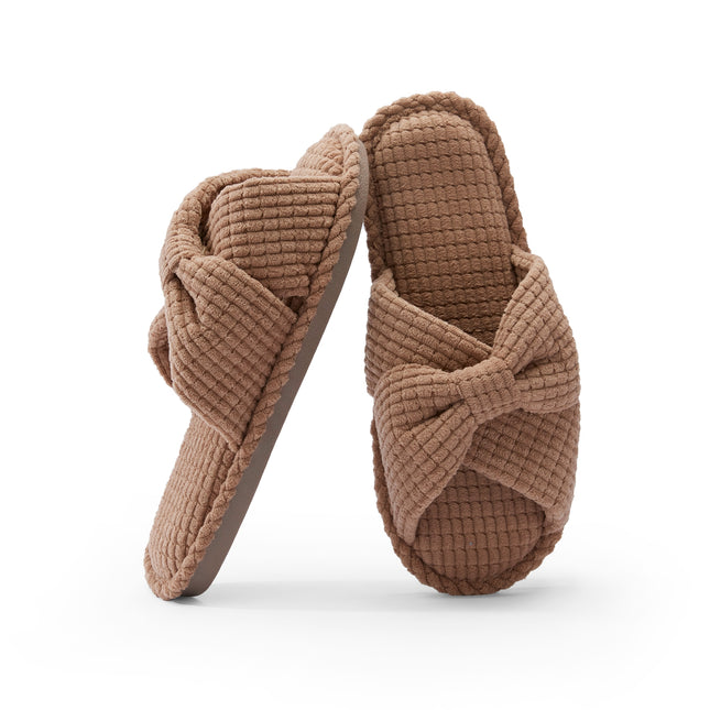 Brown Corduroy Bow - Tie Slippers
